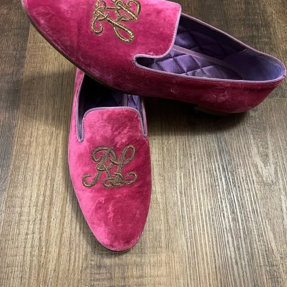Ralph Lauren Purple Label Alonzo Embroidered Velvet Loafers- Summer Berry- 8 - Picture 9 of 10